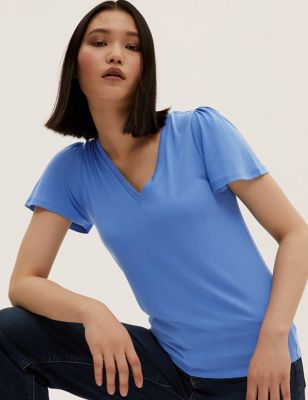 Womens M&S Collection Modal Rich V-Neck Angel Sleeve Top - Fresh Blue, Fresh Blue
