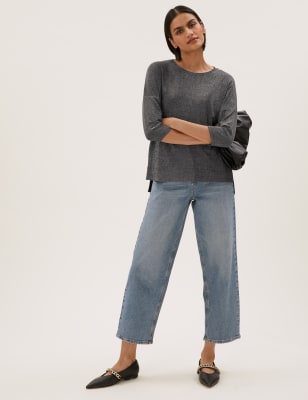 

Womens M&S Collection Metallic Regular Fit 3/4 Sleeve Boxy Top - Silver, Silver