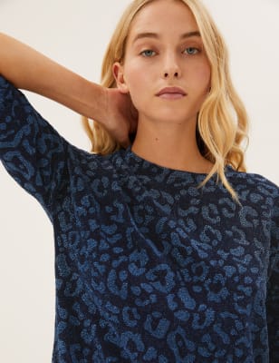 

Womens M&S Collection Sparkly Animal Print Boxy Top - Navy Mix, Navy Mix