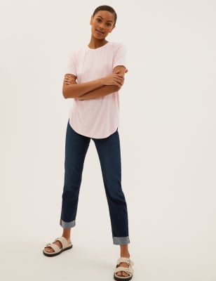 

Womens M&S Collection Lang geschnittenes T-Shirt mit Rundhalsausschnitt und Rippenmuster - Light Pink, Light Pink