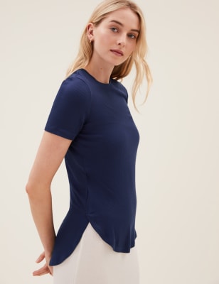 

Womens M&S Collection Ribbed Crew Neck Longline T-Shirt - Soft White, Soft White
