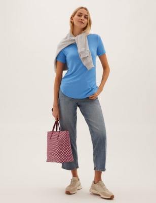 

Womens M&S Collection Lang geschnittenes T-Shirt mit Rundhalsausschnitt und Rippenmuster - Fresh Blue, Fresh Blue