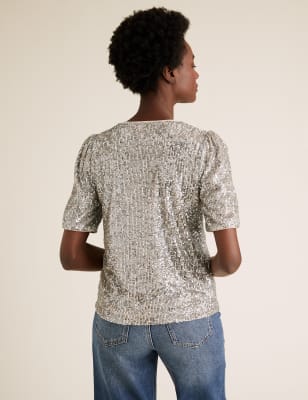 2023 Summer Women's Sequins Sparkling Round Neck Short Sleeve