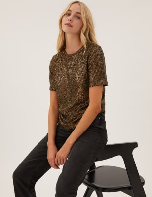 

Womens M&S Collection Sequin Regular Fit T-Shirt - Copper, Copper