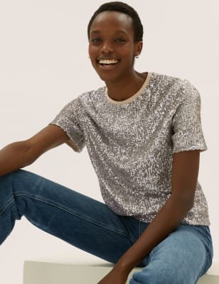 

Womens M&S Collection Sequin Regular Fit T-Shirt - Silver, Silver