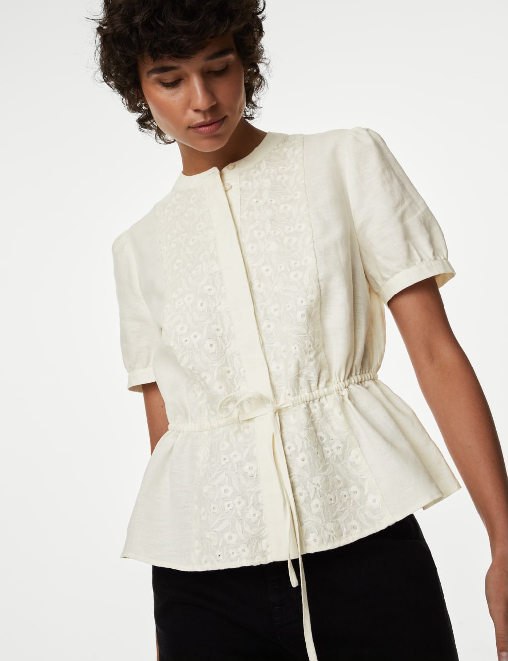 Linen Rich Embroidered High Neck Blouse image 3