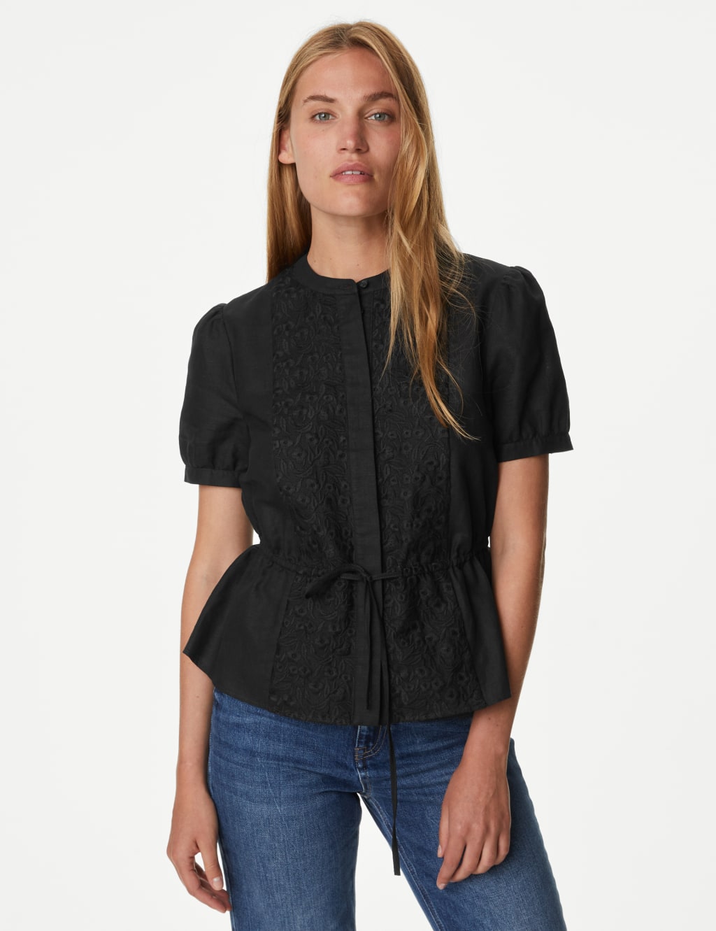 Linen Rich Embroidered High Neck Blouse image 3
