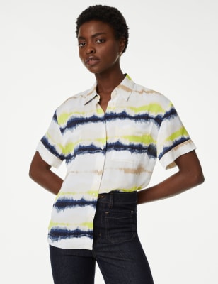 

Womens M&S Collection Satinhemd mit Kragen und Muster - Lime Mix, Lime Mix