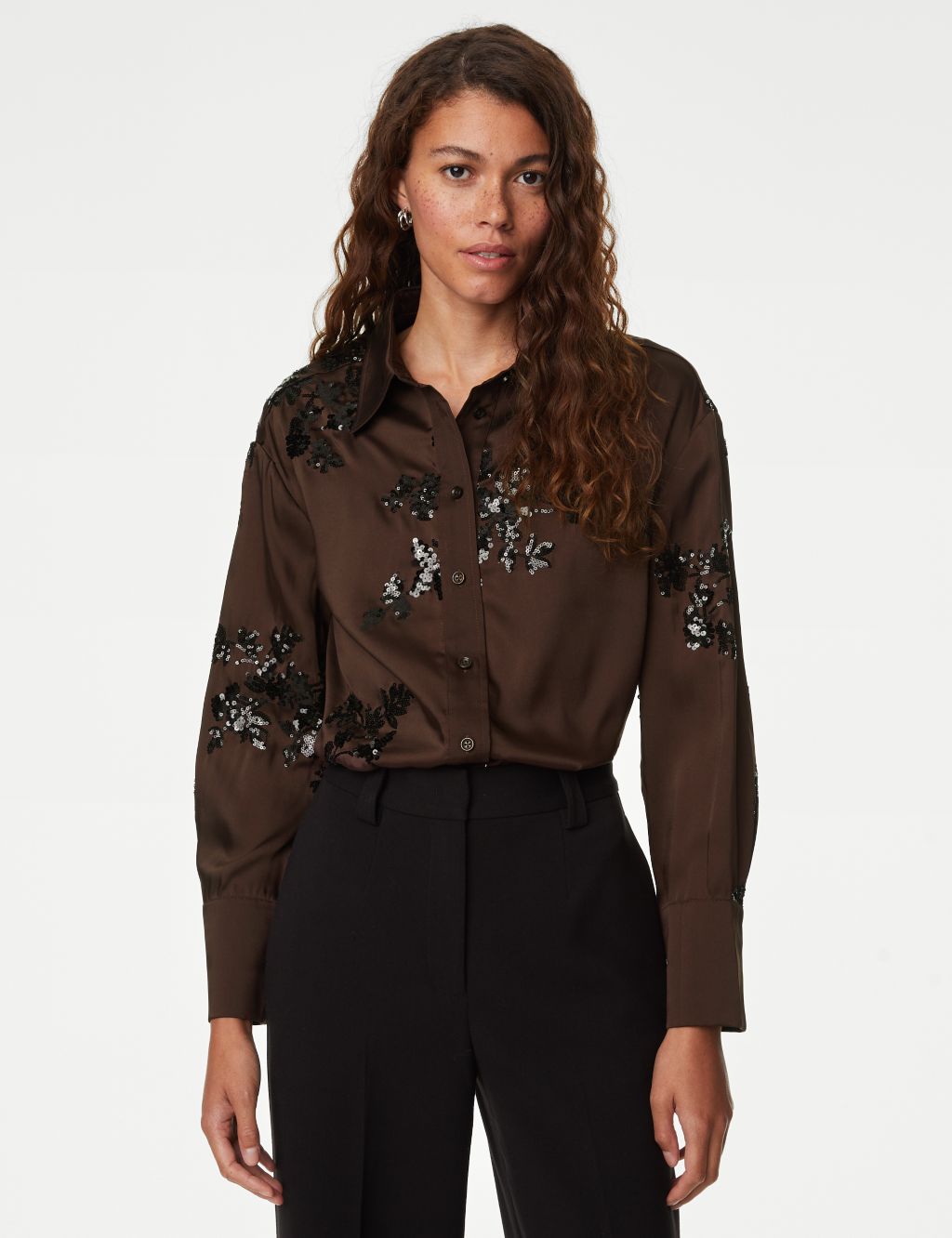 Satin Sequin Embellished Collared Shirt image 3
