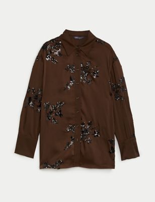 Satin Sequin Embellished Collared Shirt