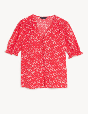 Printed V-Neck Blouson Sleeve Blouse