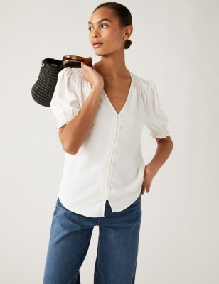 

Womens M&S Collection V-Neck Button Detail Blouse - Ivory, Ivory