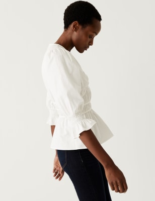 

M&S Collection Blusa 100% algodón fruncida de escote en picoWomens - Ivory, Ivory