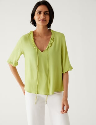 

Womens M&S Collection V-Neck Frill Detail Blouse - Soft Lime, Soft Lime