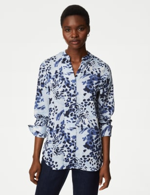 

Womens M&S Collection Satin Printed V-Neck Popover Blouse - Blue Mix, Blue Mix