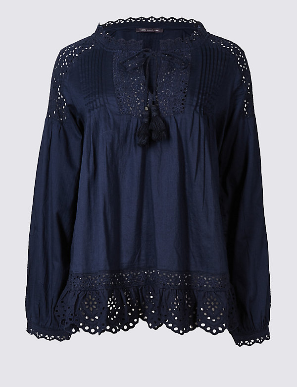 Pure Cotton Cutwork Peasant V-Neck Blouse - AT