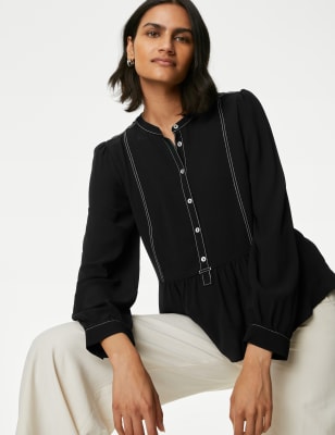 

Womens M&S Collection Crew Neck Button Detail Peplum Blouse - Black, Black