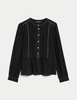 

Womens M&S Collection Crew Neck Button Detail Peplum Blouse - Black, Black