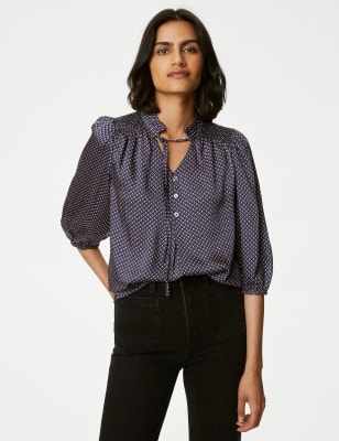 

Womens M&S Collection Printed Frill Neck Tie Front Popover Blouse - Navy Mix, Navy Mix