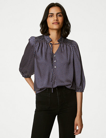 Printed Frill Neck Tie Front Popover Blouse