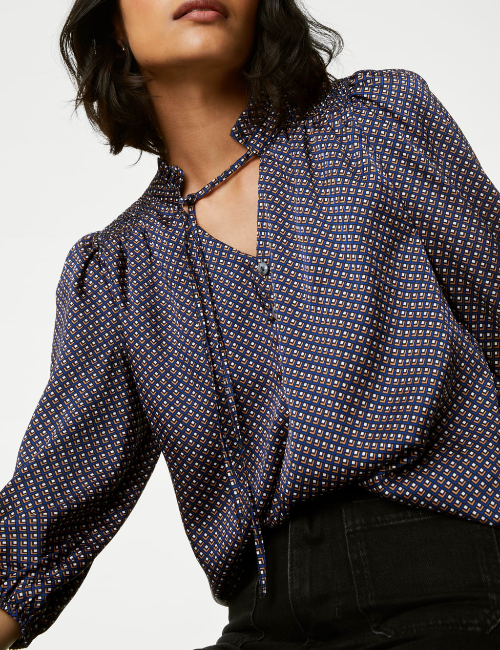 Printed Frill Neck Tie Front Popover Blouse image 4