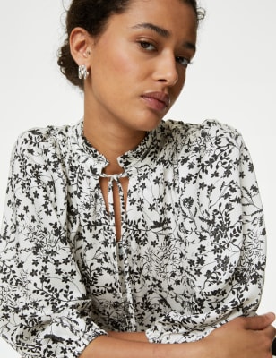 Printed Frill Neck Tie Front Popover Blouse