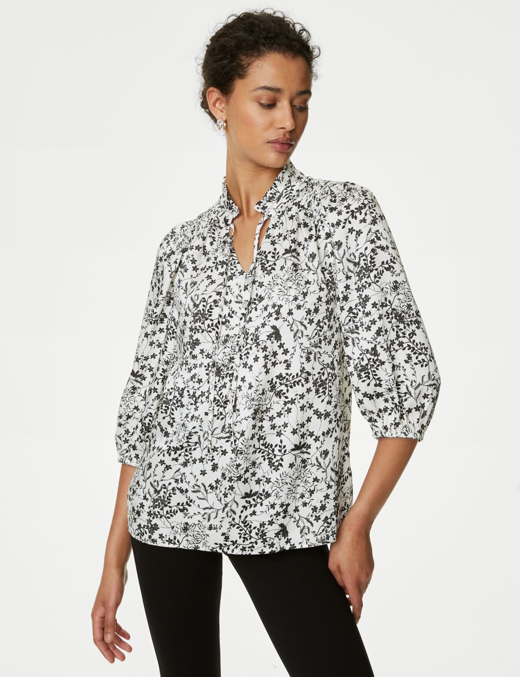 Printed Frill Neck Tie Front Popover Blouse image 4