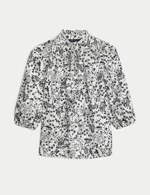 Printed Frill Neck Tie Front Popover Blouse