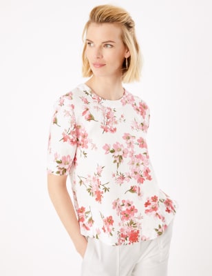 Blouse van zuiver linnen met korte mouwen met bloemmotief