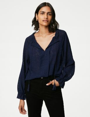 

Womens M&S Collection Jacquard Tie Neck Ruffle Popover Blouse - Navy, Navy