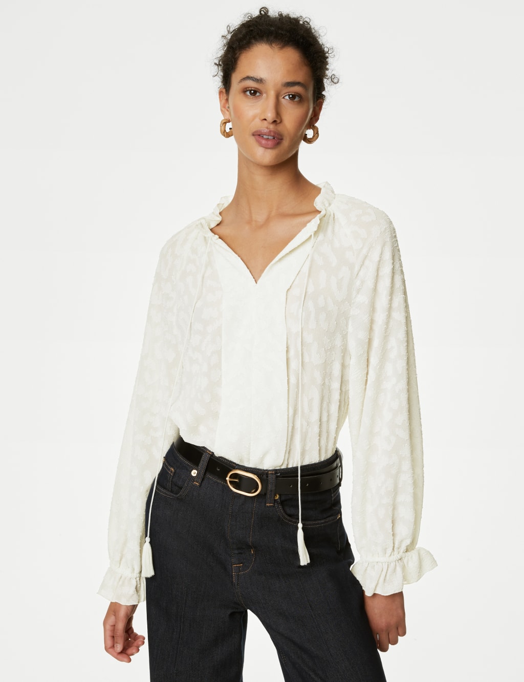 Jacquard Tie Neck Ruffle Popover Blouse image 1