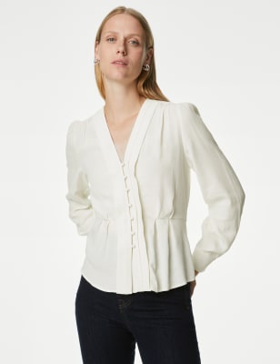 

Womens M&S Collection Pleated V-Neck Blouse - Ivory, Ivory