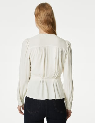 Pleated V-neck 3/4 Sleeves Ruffle A-Line Dress With Slit Peach