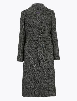 herringbone long belted coat