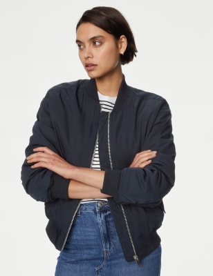 M&S Women's Padded Bomber Jacket - 18 - Midnight Navy, Midnight Navy,Buff,Bright Sage