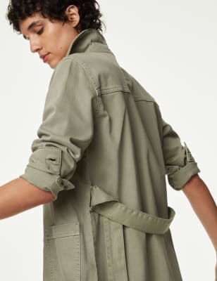

Womens M&S Collection Jacke mit hohem Baumwollanteil, Reverskragen und Gürtel - Soft Green, Soft Green