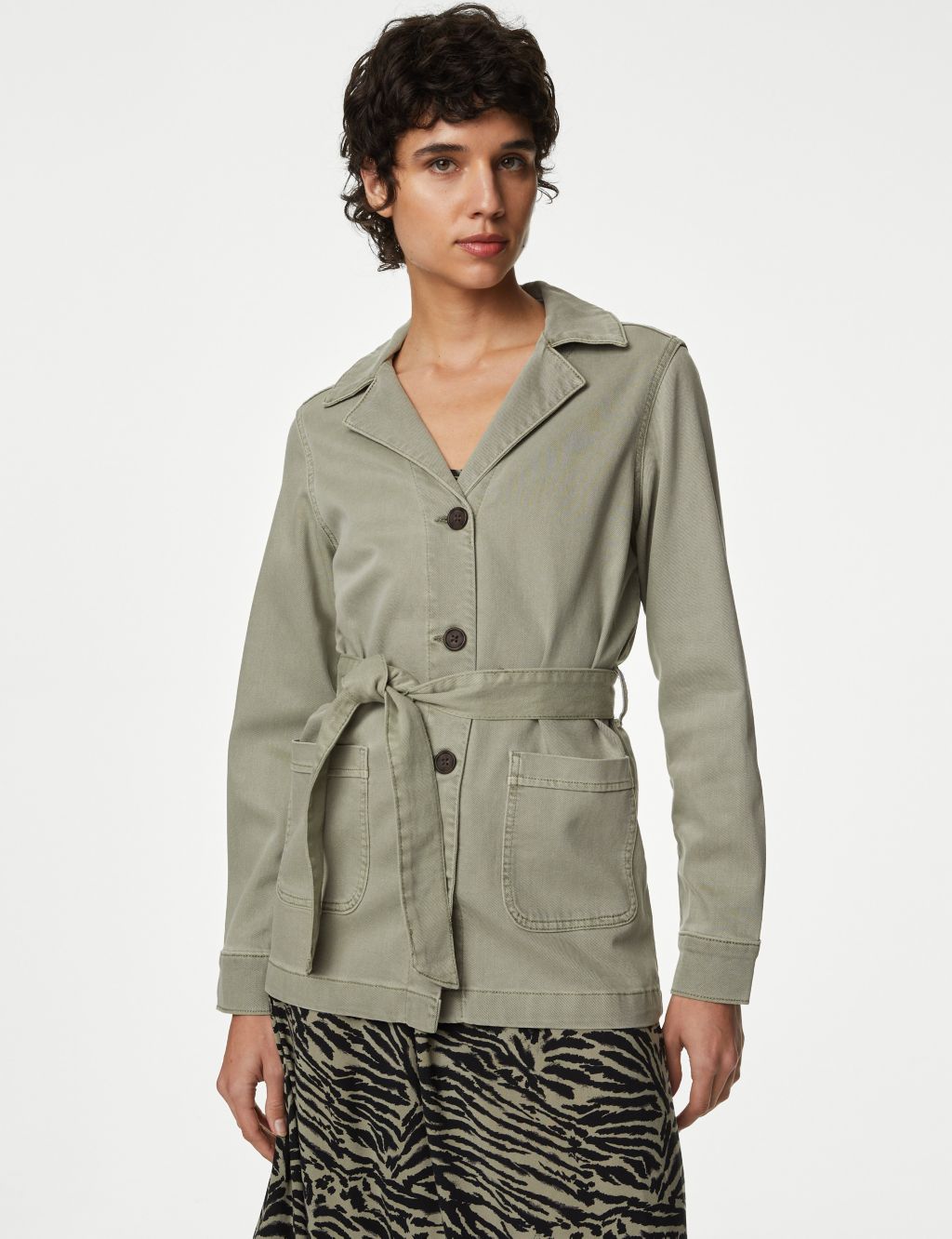 Cotton Rich Belted Revere Collar Jacket image 3