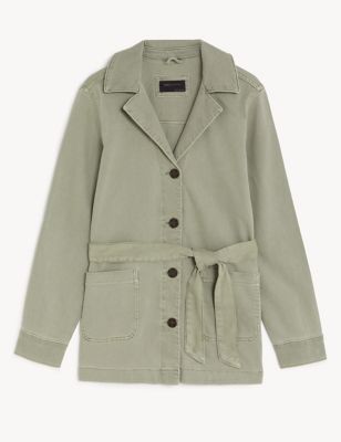 Cotton Rich Belted Revere Collar Jacket