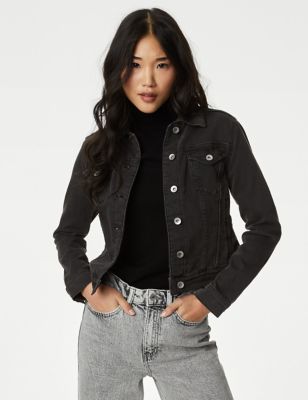 M&S Womens Cotton Rich Denim Jacket With Stretch - 6 - Black, Black