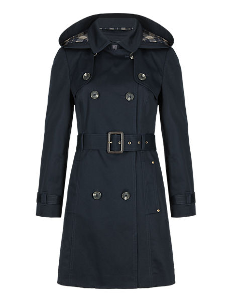 PETITE Pure Cotton Hooded Belted Trench Coat with Stormwear™ | M&S ...