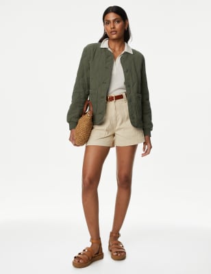 

Womens M&S Collection Strukturierte Steppjacke aus reiner Baumwolle - Faded Khaki, Faded Khaki