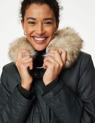 

Womens M&S Collection Stormwear™ Waxed Faux Fur Lined Hooded Parka - Dark Green, Dark Green