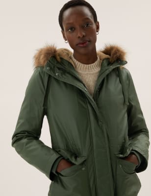 

Womens M&S Collection Waxed Faux Fur Lined Parka Coat - Dark Khaki, Dark Khaki