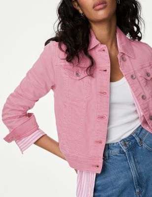 M&S Women's Cotton Rich Denim Jacket with Stretch - 8 - Cranberry, Cranberry,Bright Sage
