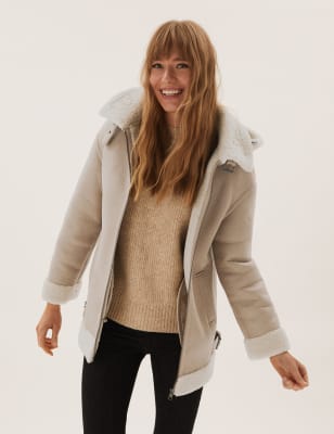 

Womens M&S Collection Faux Shearling Hooded Aviator Jacket - Natural Beige, Natural Beige