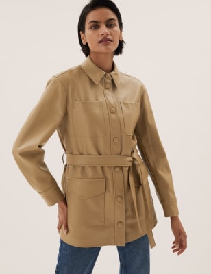 

Womens M&S Collection Faux Leather Belted Shacket - Tan, Tan