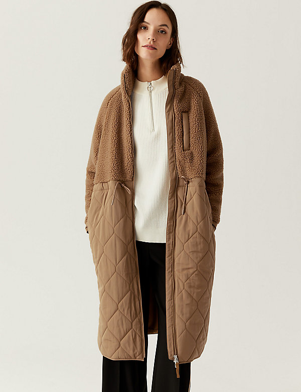 Borg Quilted Drawstring Waist Parka Coat - BH