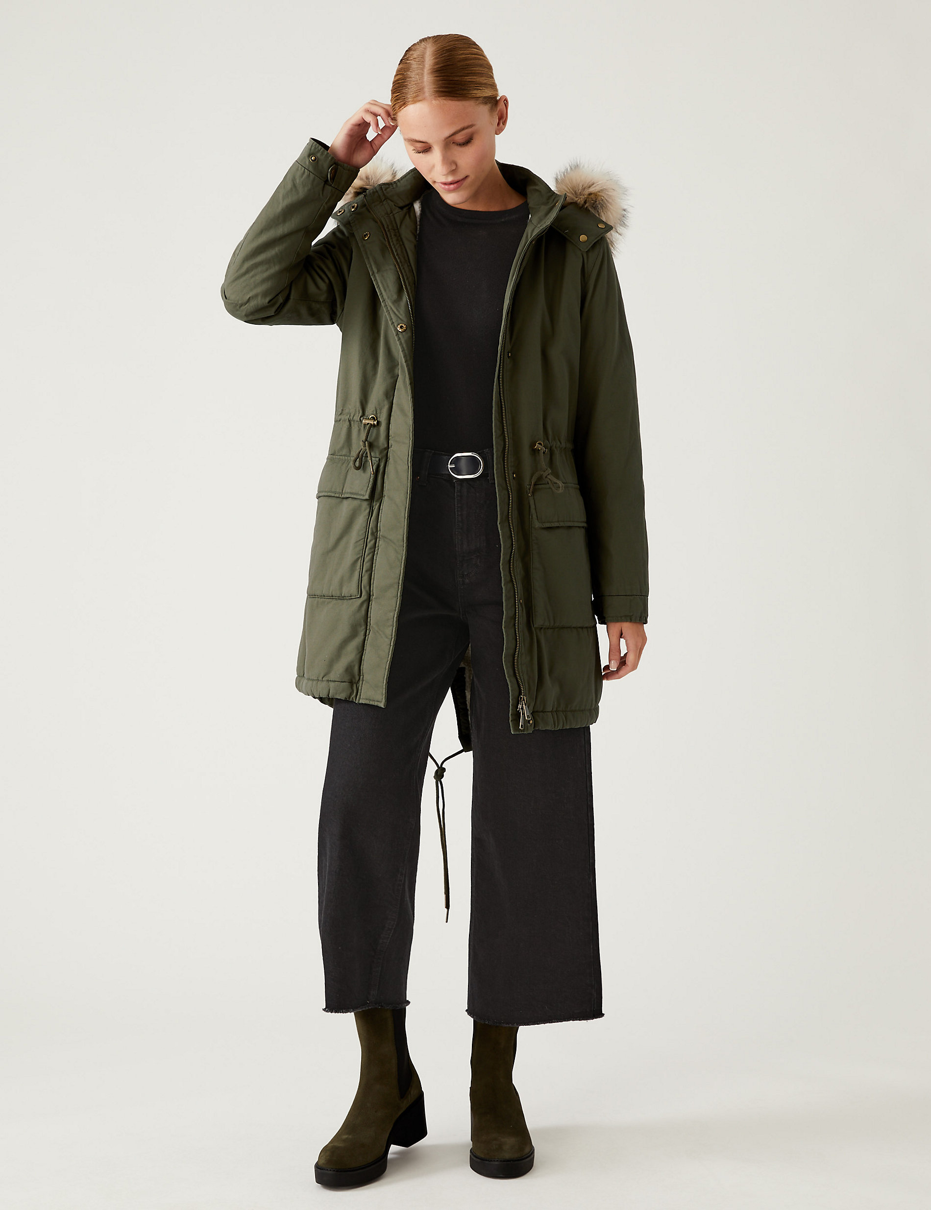 Pure Cotton Hooded Borg Lined Parka Coat