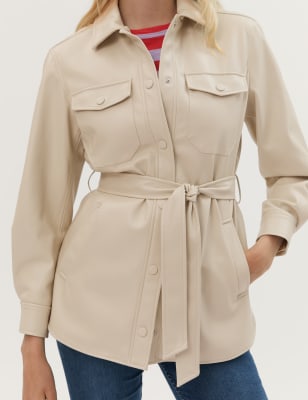 Faux Leather Belted Collared Shacket