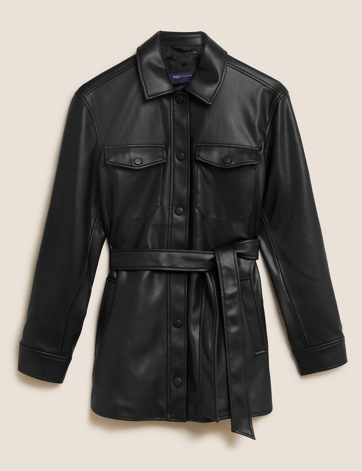 Faux Leather Belted Collared Shacket